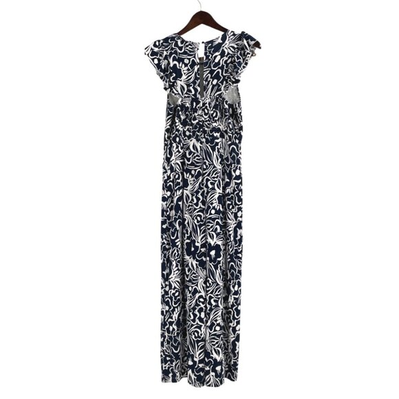 NWT Aqua Womens Medium Jumpsuit Floral Navy White Ruffle Sleeves Coastal Casual - Picture 2 of 11
